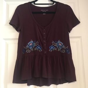 American Eagle Peplum Soft and Sexy Tee with Button and Floral Detail